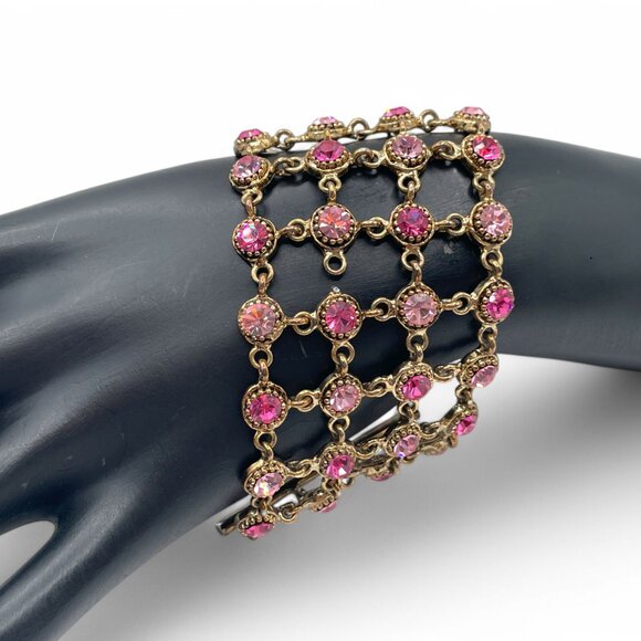Vintage Pink & Fusia Rhinestone Bracelet Big Chunky Thick Antiqued Gold Tone - Picture 2 of 10